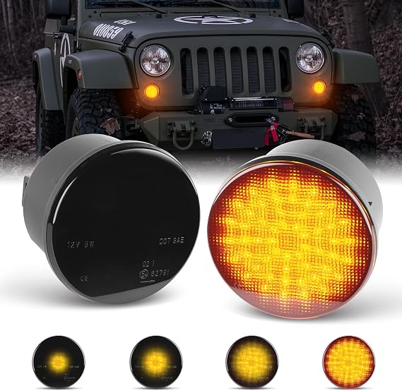 POPMOTORZ JK LED Sequential Dynamic Turn Signal Light LED Indicator Blinkers Compatible with Jeep Wrangler JK 2007-2018 Amber Parking Lights (Smoked Len)