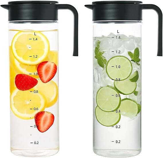 Tritan Water Pitcher with Lid & Measurement Marks 2-Pack 1.9QT (1.75L / 60oz) Heat-Resistant, Shatterproof Drink Jug for Hot & Cold Beverages, Tea, Coffee, Juice, Fridge, BPA-Free, Made in Korea