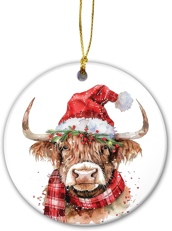Highland Cow Chrismas Ornament 2024 | Highland Cow with Santa Hat Farm Animal Themed, Country Christmas Decor, Modern Farmhouse Decor, Farm Animals Ornament