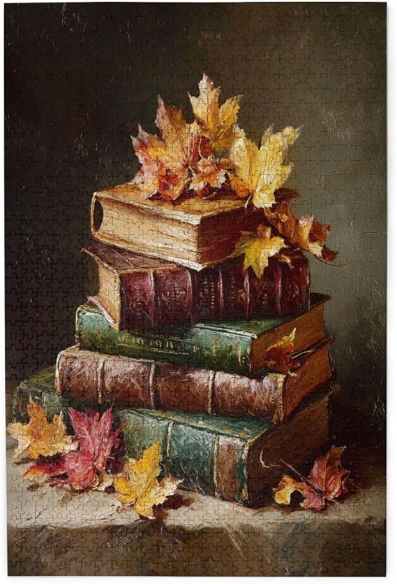 Wooden Jigsaw Puzzles for Adults 1000 Pieces, Antique Books & Fall Leaves, Stacked Leather Volumes, Warm Tones, Mindful Activity for Evening, Retro Decor, Gift for Bibliophiles