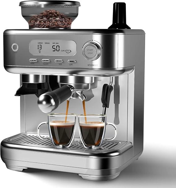Espresso Machines With Grinder, Professional Automatic Espresso Maker With Milk Frother for Cappuccino Latte, Macchiato, 85oz Removable Water Tank, Stainless Steel, Smart LCD Display