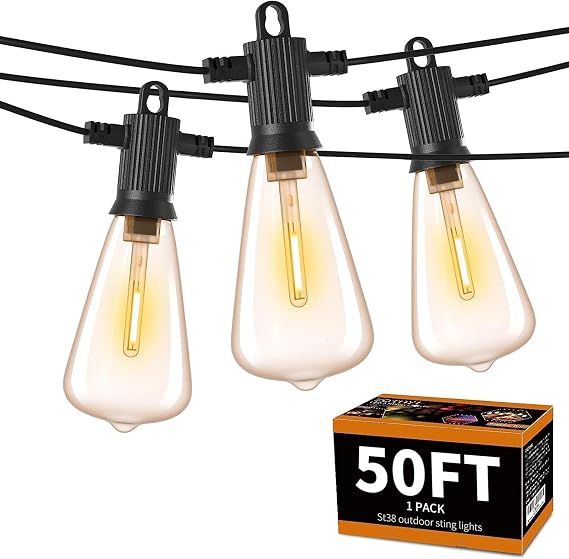 ZOTOYI Outdoor String Lights 50FT, Patio Lights with 27 LED Plastic ST38 Edison Bulbs(2 Spare), Waterproof IP65 Outside Hanging for Backyard, Garden, Cafe, Gazebo, PorchDimmable 2700K