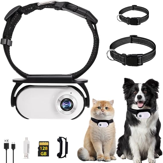 128GB Cat Camera Collar,1080P Collar Camera Mini Body for Pets, Action Recorder for Cats and Dogs,Dog Cam Collar Outdoor/Indoor,Birthday Gift for Pets Upgrade White