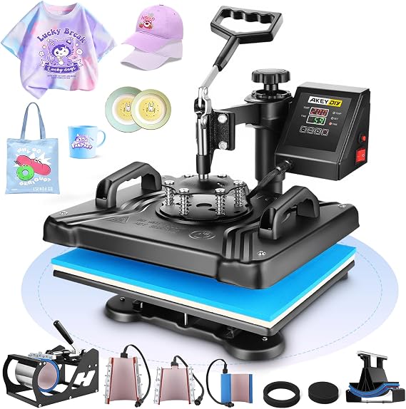 Heat Press Machine for Tshirts, 8 in 1 Heat Transfer Machine, 12" X 15" Heat Printing Press for Sublimation Combo with 360 Degree Rotation Swing Away for T-Shirt Hat Cap Mug Plate, Blue Black