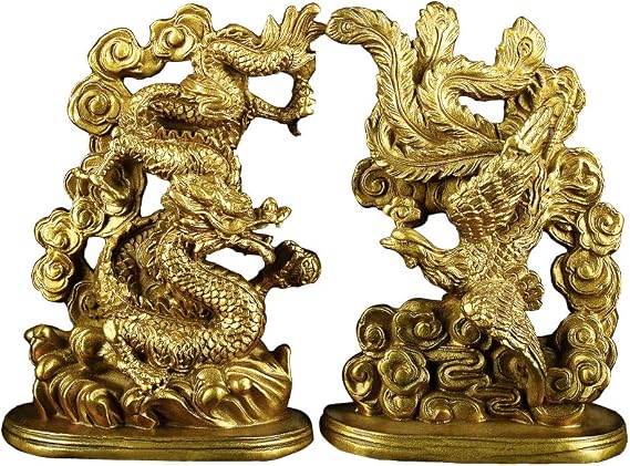 BRASSTAR 5.7 (H) Chinese Brass Dragon Phoenix Statue Yin Yang Harmony Feng Shui Sculpture Marriage Luck Talisman Wedding Gift Home Decor A Pair PTZY029