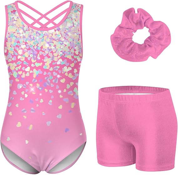 Idgreatim 5-10 Years Gymnastics Leotards for Girls Shiny tumbling outfits with Shorts Unitards Biketards