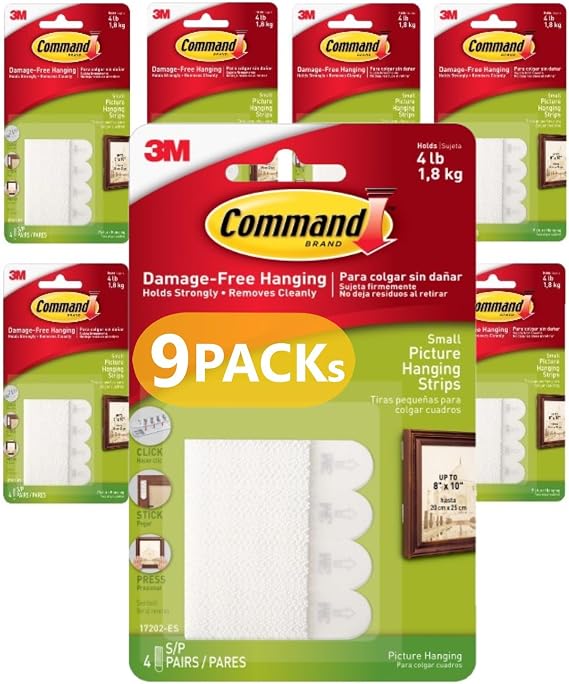 Command Small Picture Hanging Strips - 9 Packs of 4 Pairs (72 Strips) - for Pictures, Frames, Mirrors, Wall Decor - Damage Free Hanging