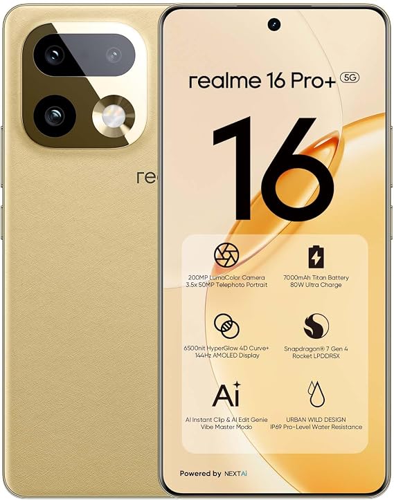 realme 16 Pro+ 5G Smartphone, 12GB+512GB, 200MP Camera, Gold
