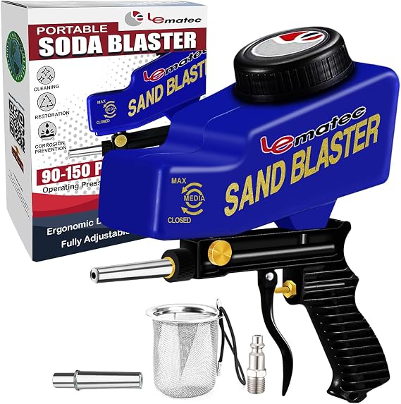 LE LEMATEC Portable Sand Blaster Gun Kit for Air Compressor, 150 PSI | Soda walnut media compatible, rust removal, glass etching, wood furniture prep, handheld gravity-fed siphon design