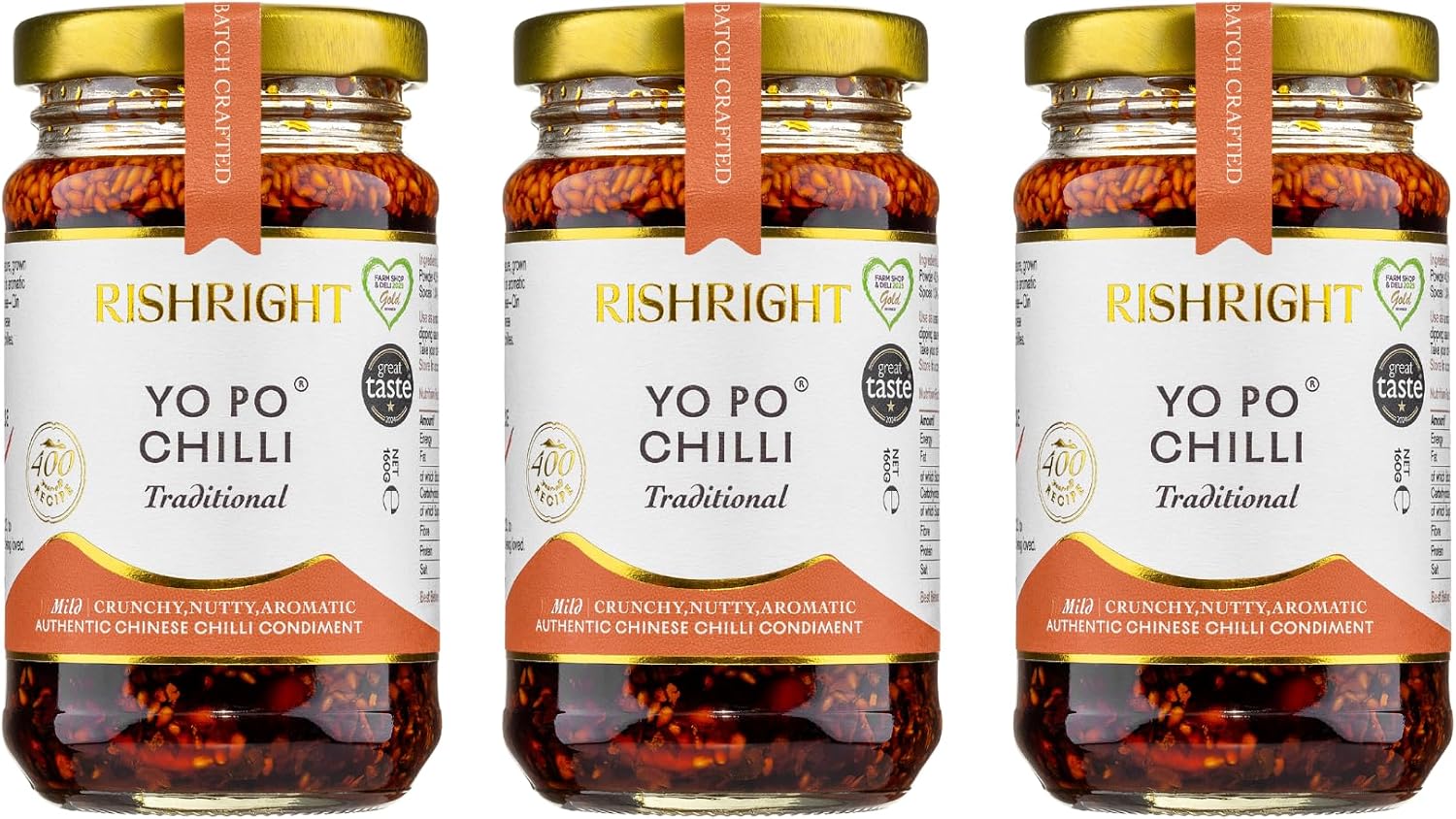 RishRight Yo Po Chilli | Great Taste Award | Authentic Crispy Chilli Oil | Nutty Flavour | All Natural | Vegan |Premium Quality, Mild Spicy| Noodles, Ramen, Stir-Fries,Eggs | 160 gPack 3