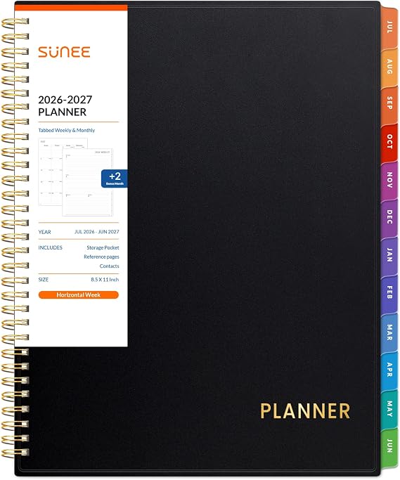 SUNEE Academic Planner 2026-2027 Weekly & Monthly Planner, July 2026 to June 2027, 8.5"x11", Thick Paper, Tabs, Pockets, Bookmark, Spiral-Bound, Student Teacher Organizer, Black