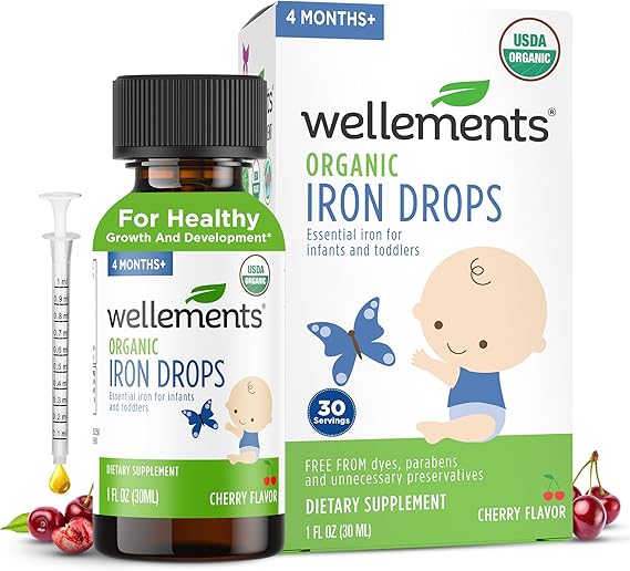 Wellements Organic Liquid Iron Drops for Infants & Toddlers Cherry 1 Fl Oz | Liquid Iron Supplement for Infants - Toddler Iron Supplement for Kids (4months+ to 3 Years) - Supports Growth & Development*