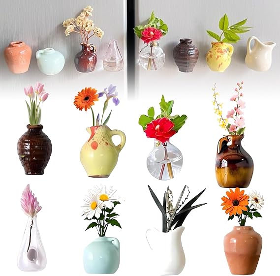 Mini Vase Magnets for Fridge, 3D Ceramic Tiny Flower Vases (b-8pcs)