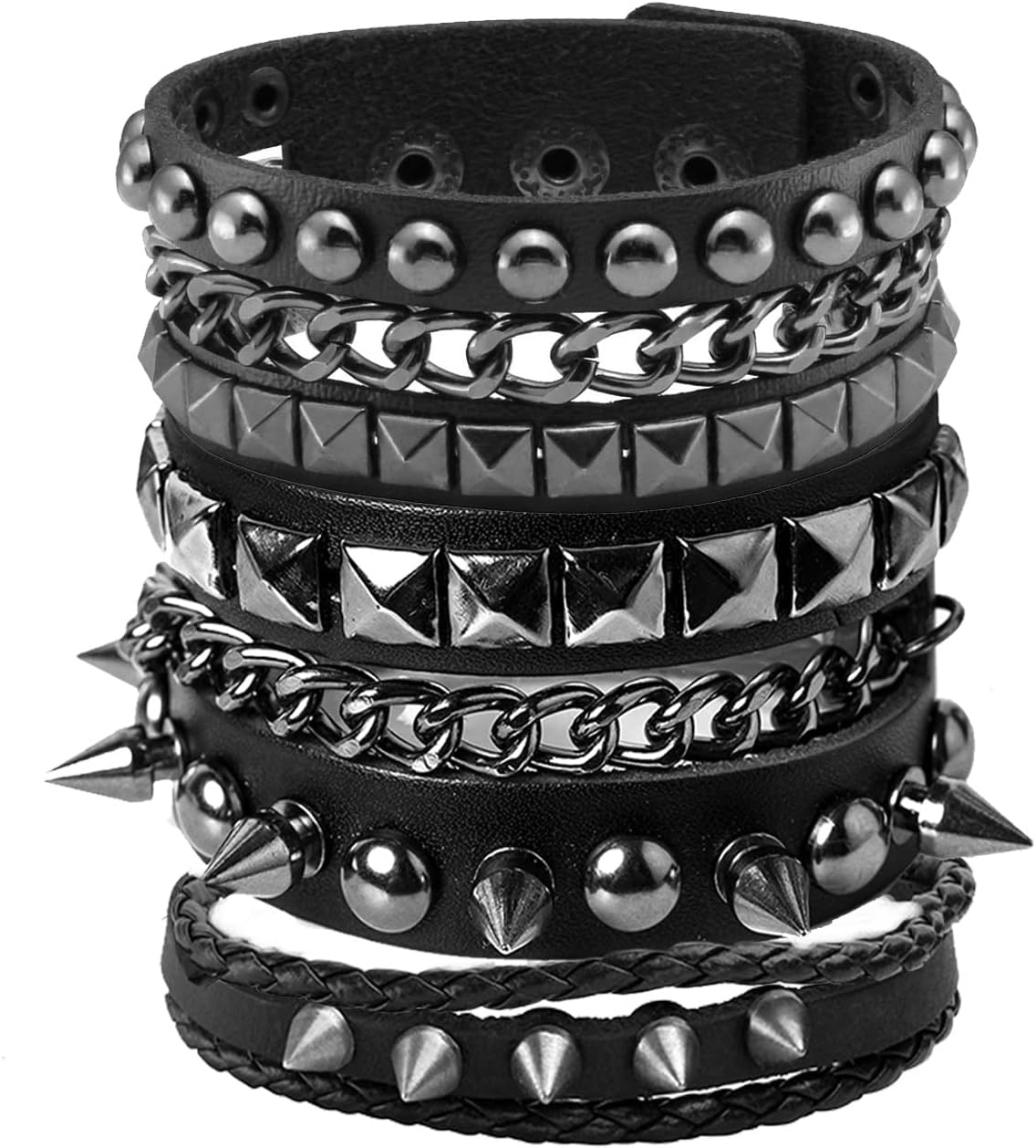 Eigso 3 Pcs Black Wide Studded Spikes Studded Cool Punk Steampunk 80s Theme Retro Bracelets for Men and Women with Adjustable Buckle