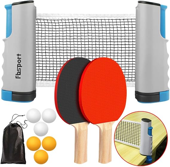 FBSPORT Ping Pong Paddle Set, Portable Table Tennis Set with Retractable Net,Rackets,Balls and Carry Bag for Indoor/Outdoor Games