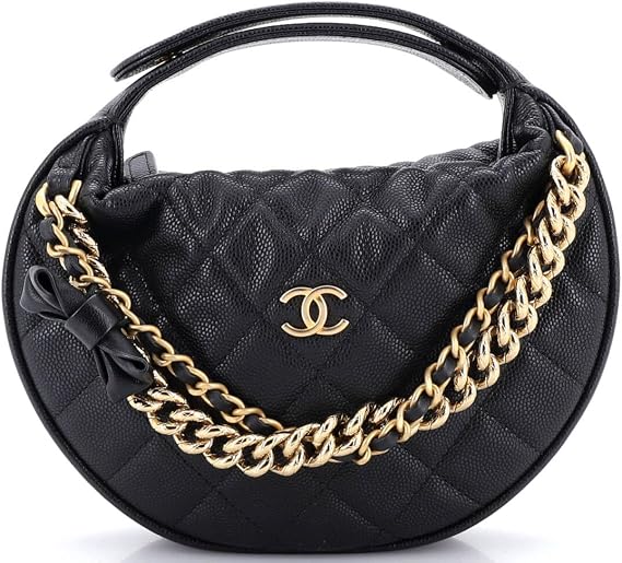 Pre-Loved Double Chain Bow Hobo Pouch Quilted Caviar Mini, Black