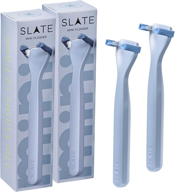 Slate Flosser Mini nHa Reusable Floss Pick 2-Pack, Blue, Travel-Ready Set