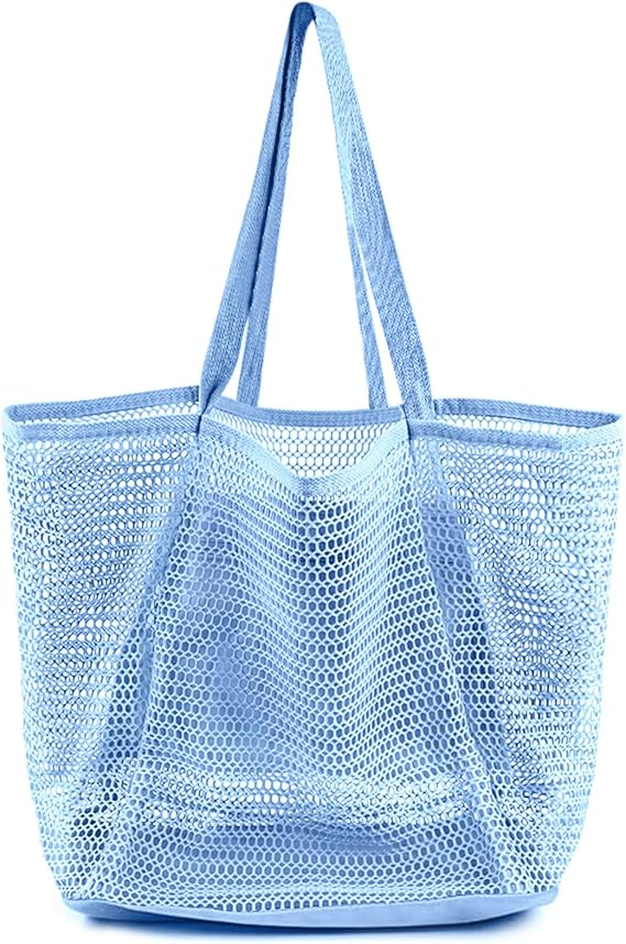 HOHOM Beach Bags for Women, Summer Travel Mesh Tote Bag with Large Inner Pocket, Sandproof Woven Shoulder Handbag