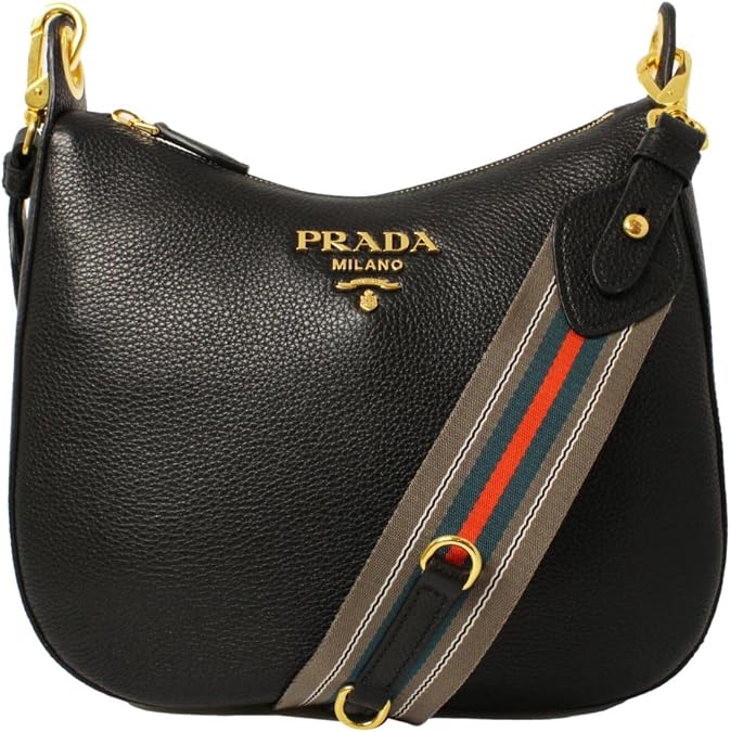 Prada Black Vitello Phenix Leather Web Stripe Crossbody Bag Gold New | Detachable strap Interior zip pocket Interior slip pocket Dust bag and Authenticity cards included