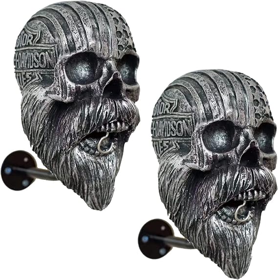 Motorcycle Skull Helmet Holder, 2PCS Skull Helmet Rack Wall Mount, Multi-Uses Resin Crafts Helmet Stand, Helmet Hanger Gift for Biker Motorcycle Enthusiast