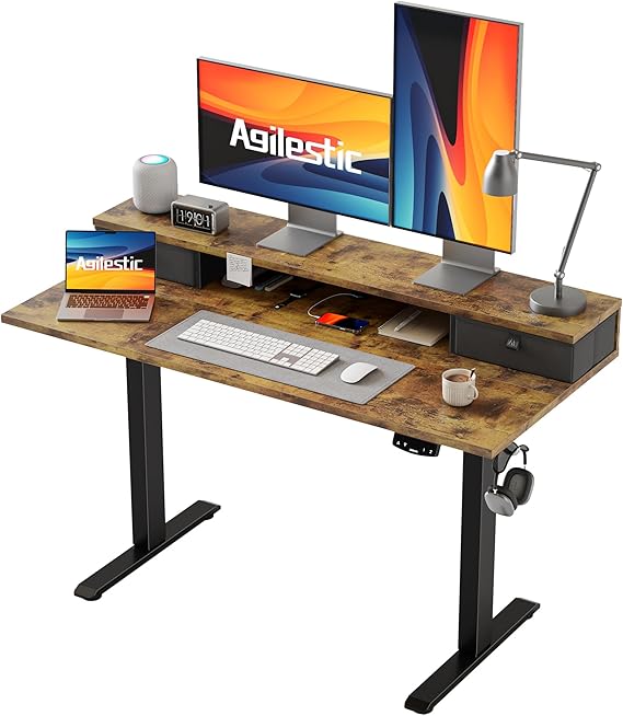 Agilestic Electric Adjustable Height Desk, with 2 Fabric Drawers, 120x60cm | 72-116cm Height, Stable Sit-Stand Standing Desk w. 2 Memory Buttons,