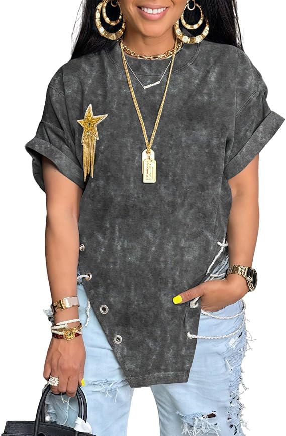 stylewe Oversized T Shirt for Women Crew Neck Short Sleeve Top Asymmetric Hem Grommet Drawstring Streetwear Tee