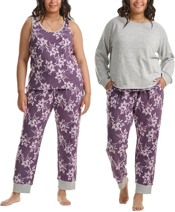 Karen Neuburger Live Love Lounge Women's 3 Piece Lounge Pajama Set (US, Alpha, XX-Large, Regular, Regular, Purple/Grey)