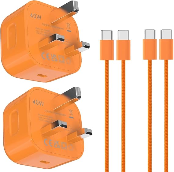 New 40W Dynamic Power Adapter with 60W Max,USB C Fast Charging Plug with 2M/6.6ft braided design C to C Charge Cable for iphone Air/17/17 pro/17 Pro Max/ipad Pro 13/ipad Air,(2-Pack) (Cosmic Orange)