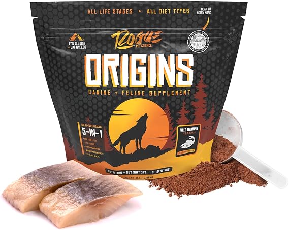 Origins 5-in-1 Dog Supplement - Powdered Food Topper w/Natural Omega 3 Fish Oil - Supports Healthy Digestion, Skin, and Coat - Helps Reduce Itching & Joint Inflammation (5 lbs)