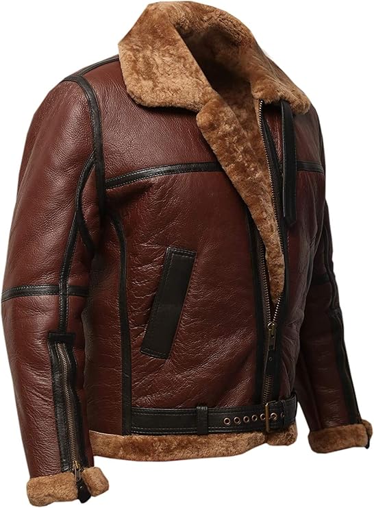 Men RAF Aviator Bomber Real Shearling Sheepskin Brown Leather Pilot Winter Jacket