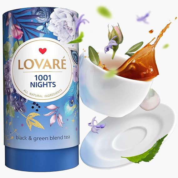 LOVARE 1001 Nights Loose Leaf Tea 80 g - Made in Ukraine - Black and Green Tea, Apple, Cornflower, Calendula, Rose, Safflower Petals, Rosebuds - Gift Box with 15 Paper Filters (1001 Nights)