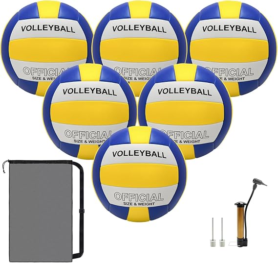 Volleyball, 6 Pack Official Size 5 Volleyball with Pump and Big Net Bag for Indoor Outdoor, Soft Touch Volleyballs for Adults Beach Play Pool Game Gym Play Training Match for Beginner