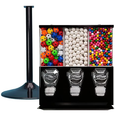 Vending Machine - Commercial Gumball and Candy Machine with Stand - Black Triple Vending Machine with Interchangeable Canisters - Coin Operated Candy Dispenser and Gumball Machine - Vending Dispenser