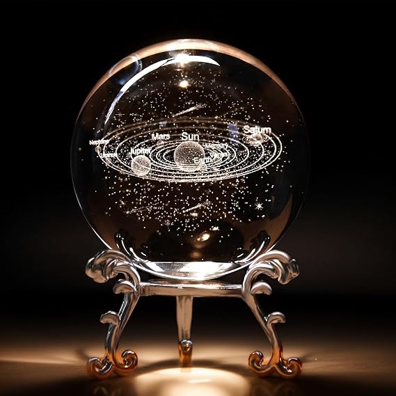 2 Pack Crystal Ball Set, 3D Laser Engraved Solar System & Clear Glass Sphere with Silver Metal Stand, Decorative Ornaments for Home Office Tabletop