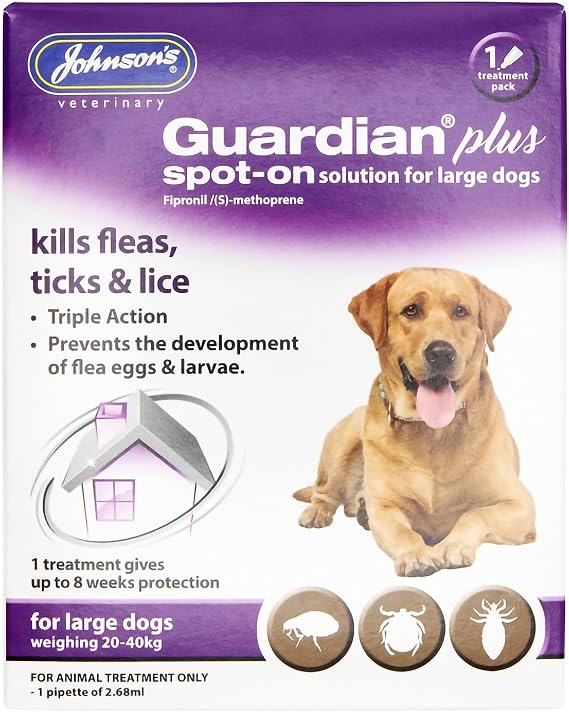 Johnsons Guardian Plus Spot On for Large Dogs 20kg - 40kg - 1 Treatment, Kills Fleas, Ticks & Lice, Stops Flea Eggs Hatching