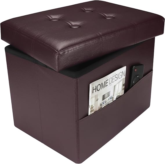 Ottoman with Storage,17 Inch Leather Folding Foot Rest Stool,Brown