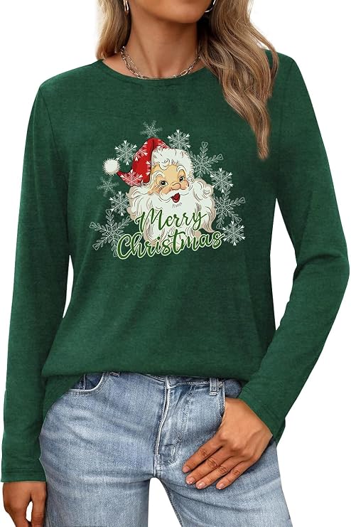 MAIHUN Christmas Santa Shirt for Women Merry Christmas Long Sleeve Snowflake Tshirts Xmas Holiday Tee Top