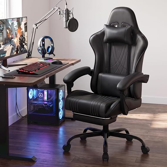 LUCKRACER Gaming Chair with Footrest, Pocket Spring Seat, 90-135 Reclining Computer Chair with Linkage Armrests, Lumbar Support, Height Adjustment, SGS-Tested Gas Lift, 330 lbs Capacity, Onyx Black