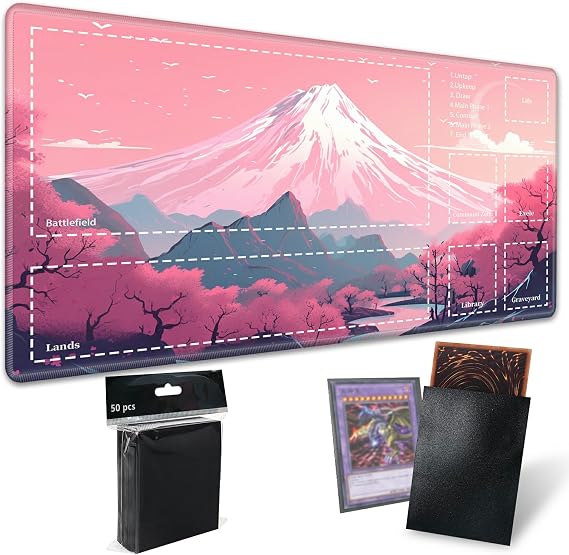 TCG Playmat Board Game Mat Plus 50 Pcs Card Sleeves, 24 x 14 inches Durable Stitched Table Mats Games Mousepad with Zones for MTG RPG CCG Trading Card Game Play Mats, Mount Fuji Landscape 