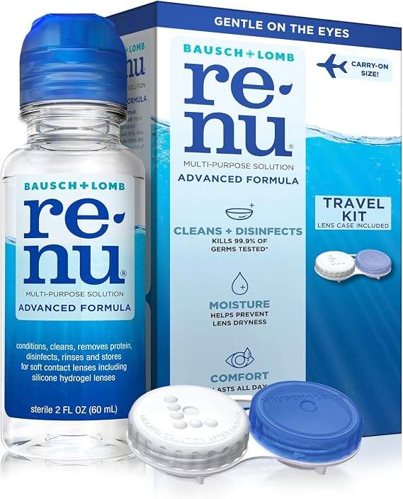 Renu Contact Lens Solution, Advanced Formula, Multi-Purpose Solution with Lens Case, Travel Kit, Gently Cleans, Disinfects, Moisturizes & Hydrates Soft Lenses for All-Day Comfort, 2 FL Oz | Travel Size, Cleans & Disinfects, Moisture Up to 20 Hours
