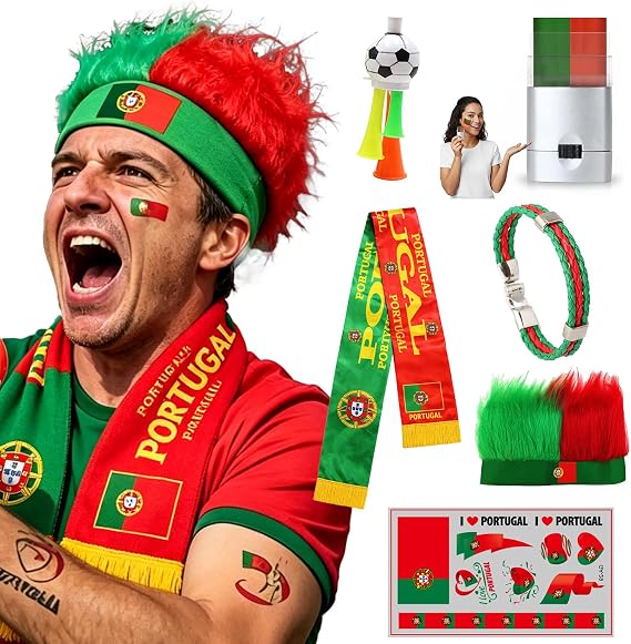 2026 Portugal Fan Kit - Face Paint Sticks, Flag Scarf, Hairy Headband, Wristband, Soccer Horns, Temporary Tattoo for Soccer, Football, Rugby, Baseball, Game Day, Watch Parties & National Celebrations