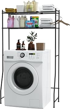 Laundry Room Storage Shelf & Organizer, 2 Tier Metal Over Washer and Dryer Shelves, Washing Machine Shelf with Hanger Rod, Expandable Bathroom Space Saver Shelf, 2637" L x 15.8" W x 59.5" H, Black