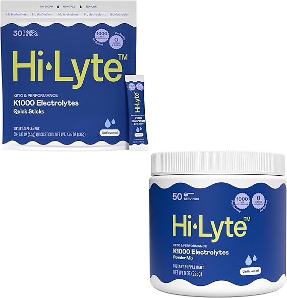 Hi-Lyte Hydration Bundle - Keto K1000 Unflavored Electrolyte Packets (30 Servings) and Keto K1000 Unflavored Electrolyte Powder (50 Servings)