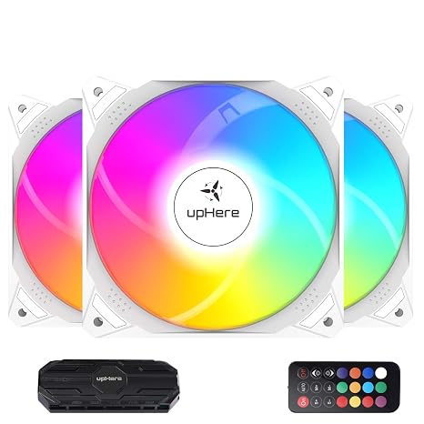 upHere 120mm White Computer Case Fan,Motherboard Sync Fan,High Airflow,Speed Adjustable, ARGB Fan with Hub and Remote,Low Noise Hydraulic Bearing Long Life Up to 40,000 Hours-3 Pack,NT1206-3