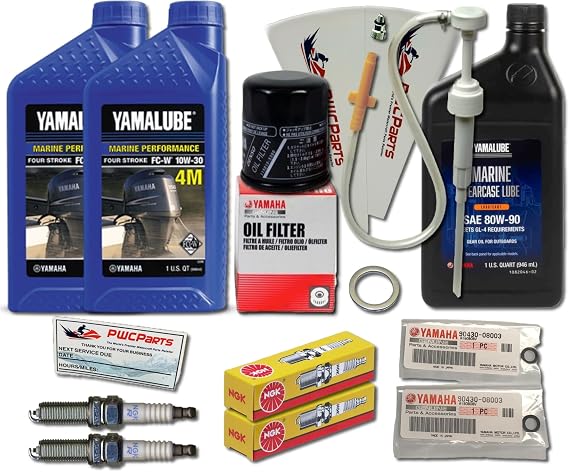 YAMAHA 2009-2016 F25A T25A Oil Change 10W30 FC 4M Lower Unit Gearcase Gear Lube Drain Fill Pump Gaskets Spark Plugs DPR6EA-9 Filter 5GH-13440-90-00 Maintenance Kit