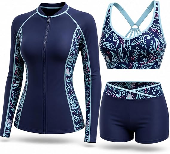 Women 3 Piece Rash Guard Long Sleeve Swimsuit with Sports Bra and Shorts