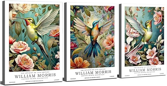 William Morris Prints Wall Art Hummingbird Floral Canvas Pictures William Morris Vintage Botanical Bird Posters Victorian Gallery Framed Artwork for Living Room Bedroom Hallway Office 30x40cm 3Pcs