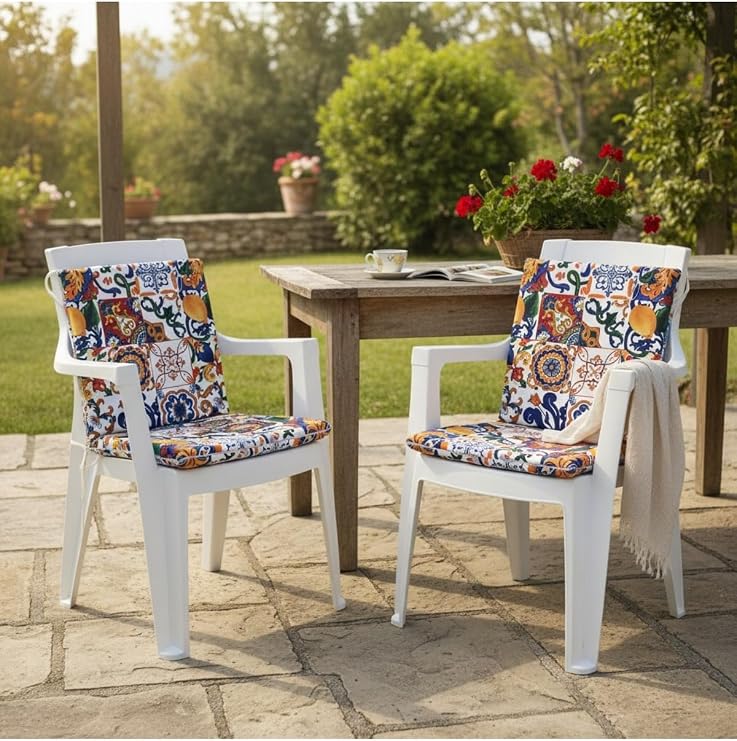 2 Adet Arkalıklı Sandalye Minderi Çini Desenli Çift Taraflı Fermuarlı Lastikli Süngerli Yıkanabilir Balkon Bahçe Mutfak Sandalyesi Oturma Minderi 40x40 cm