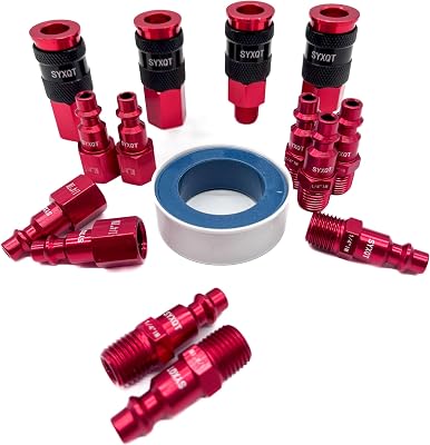 14-inch air hose fittings,air compressor quick connect fittings,15 Pieces Air Coupler and Plug Kit,Heavy Duty Aluminum, Lightweight Connector Set, Red
