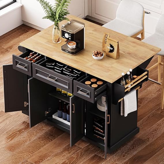 54'' Large Rolling Kitchen Island with Rubber Wood Drop Leaf, Movable Island Table on Wheels with Storage, Embossed Texture Kitchen Cart with Doors and Drawers (Black)